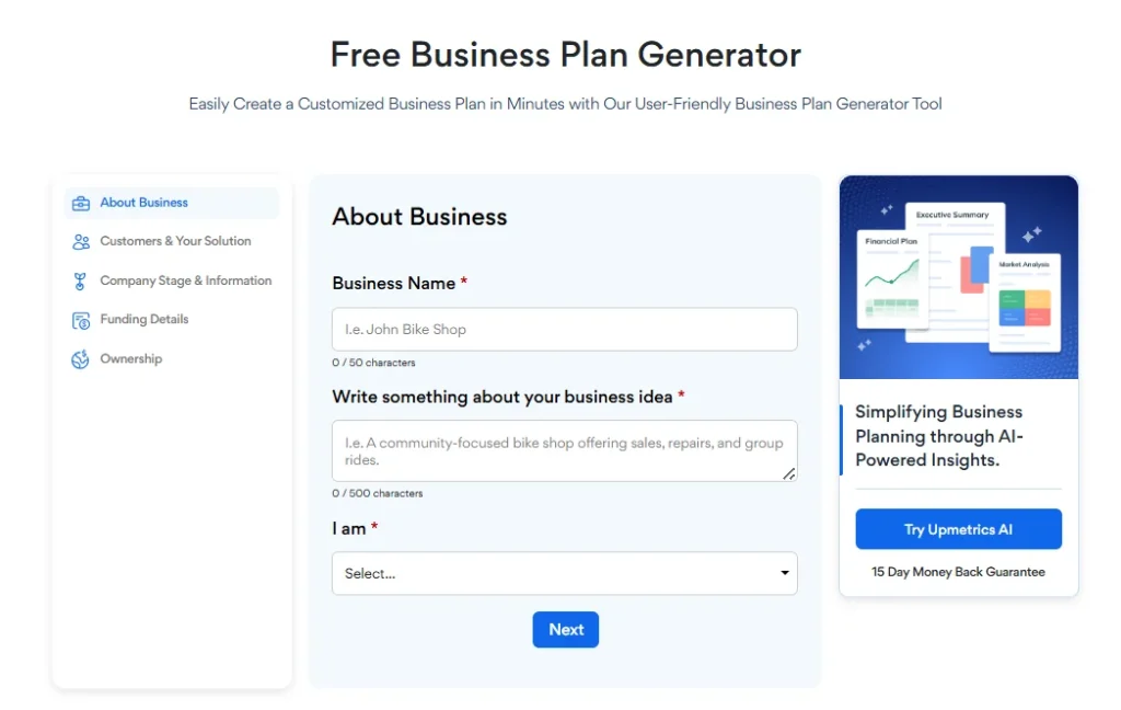 Upmetric AI business plan generator 