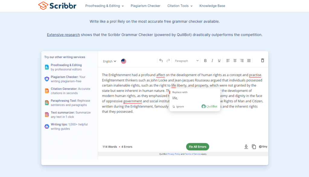 Scribbr - AI grammar checker Tools