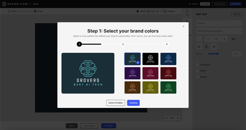 Vista del editor de personalización de logotipos