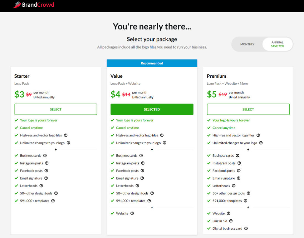 BrandCrowd - Pricing plan